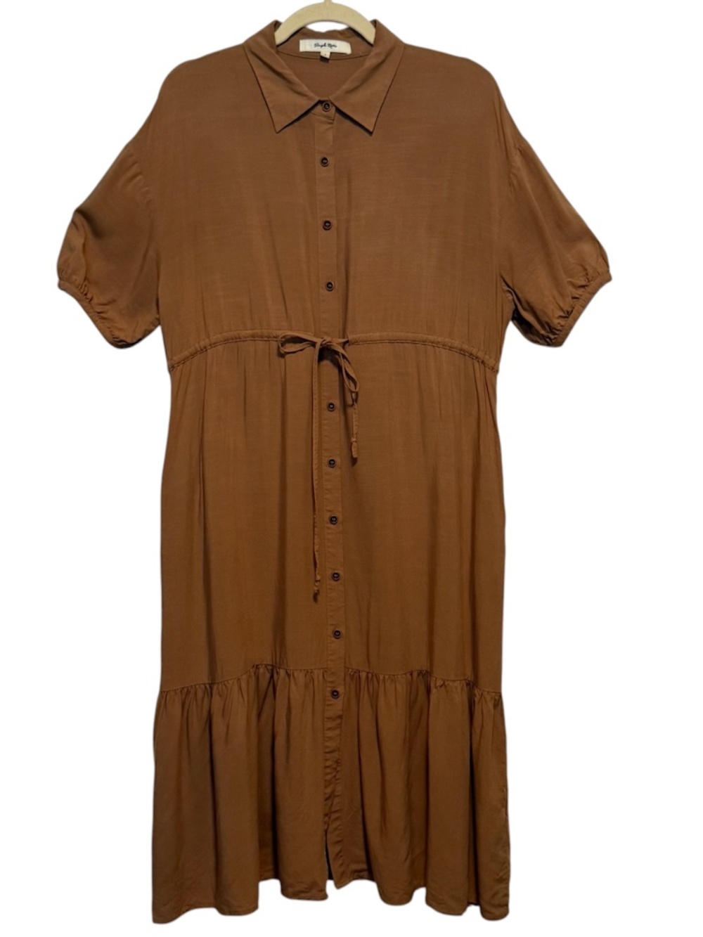 Simple Retro Tan Button Front Tiered Midi Dress Size‎ Small